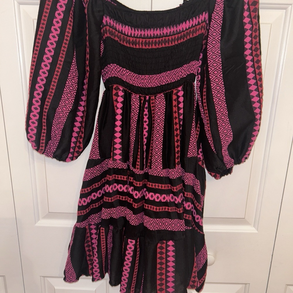 Sofia Made in Italy Bright Geometric Midi Dress in Newcastle Pink Red Black